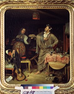 ""Én lovas vagyok! (vagy a frissen feldíszített tiszt reggele) (Fresh Cavalier (Első keresztjét átvevő bürokrata reggele) Egy pongyolában viselő katona büszkén viseli kitüntetését a rendetlen lakásban. Pavel Fedotov festménye (18) alkotó: Pavel Andreevich Fedotov