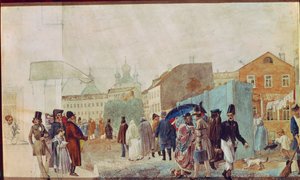 Utcai jelenet az esőben Moszkvában. Pavel Andrejevics Fedotov (1815-1852) munkája, akvarell papíron alkotó: Pavel Andreevich Fedotov