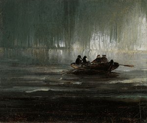 Északi fény négy férfi felett az evezős csónakban alkotó: Peder Balke