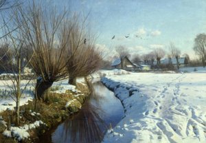 Napsütéses téli nap a patak mellett alkotó: Peder Monsted