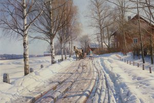 Napsütéses téli nap a dalarnai Leksand melletti Vestanvikban alkotó: Peder Monsted