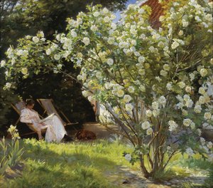 Rózsák. Marie Krøyer a nyugágyban ült a kertben, Mrs. Bendsen háza mellett alkotó: Peder Severin Krøyer