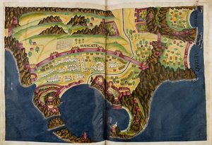 Az alábbi portugál illusztráció Muscatról, Pedro Barreto de Resende Livro do Estado da India Oriental című kéziratából, Sloane MS 197.