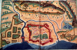 Sloane 197, ff.381v-382r: Malacca város terve a „Livro do Estado de India Oriental”-ból