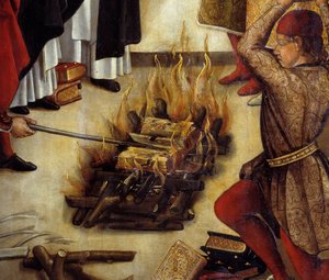 A „” Saint Dominique et les Albigeois” (Le Miracle des Fanjeaux) részlete: a szent átadja az albigeoisoknak az eretnekségüket cáfoló könyvet, az albigeoiak pedig megpróbálják elégetni, sikertelenül. Pedro Berruguete (1450-1504) festménye. 16. század V. 1,2 alkotó: Pedro Berruguete