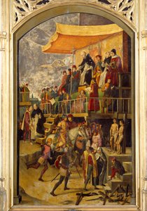 Inkvizíció „Az Autodafe Saint Dominica de Guzman (1170-1221), a dominikai rend alapítója elnököl”” Pedro Berruguete (1450-1504) festménye fára 1495 V. 1,54x0,92 m Madrid, Musee du Prado