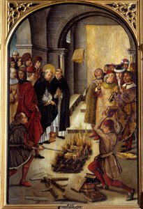 Szent Dominique és az Albigeusok (Le Miracle des Fanjeaux): a szent átadja az albigeusoknak az eretnekségüket cáfoló könyvet, az albigeiek pedig megpróbálják elégetni, sikertelenül. Pedro Berruguete (1450-1504) festménye. 16. századi V. 1,22 x 0,83 m Madri