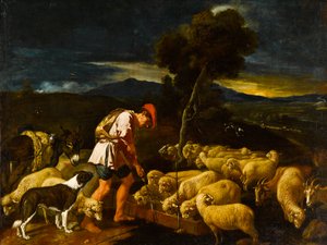 Jákob, aki Lábán juhait itatja a hámozott ágak előtt, 1612-1622