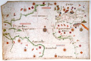 Az Atlanti-óceán, a Földközi-tenger és a Fekete-tenger Portulán-térképe, 1535 körül (pergamen, papír) alkotó: Pedro Reinel