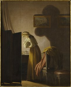 Une femme attrapant des puces a la lumiere de la bougie – Egy nő, aki gyertyafényben bolhákat fog el, szerző: Hillestrom, Pehr (1732-1816). Olajfestmény. Mérete: 51,5x42,5 cm. Nemzeti Múzeum Stockholm alkotó: Pehr Hilleström
