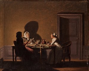 Olvasmány gyertyafénynél, par Hillestroem, Pehr (1732-1816). Olaj, vászon, méret: 41,5x51,5, , Magángyűjtemény alkotó: Pehr Hilleström