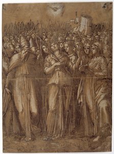 Szent Orsolya a mártírhalált halt szüzekkel (toll és barna tinta fehér testszínnel, barnára mosott papíron) alkotó: Pellegrino (c.1460-1523) Aretusi