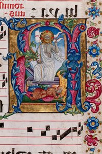 Piccolomini Könyvtár: kóruskönyv, cod. 101,7, ff. 14r „Krisztus feltámadásával”, Pellegrino di Mariano. Részlet.