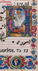 Piccolomini Könyvtár: kóruskönyv, cod. 101,7, ff. 14r „Krisztus feltámadásával”, Pellegrino di Mariano.