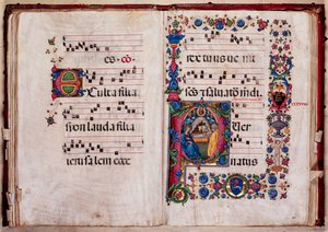 Piccolomini Könyvtár: kóruskönyv, cod. 102,8, ff. 47v-48r „Nativity”-vel, Pellegrino di Mariano.