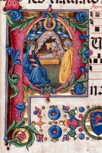Piccolomini Könyvtár: kóruskönyv, cod. 102,8, ff. 48r a „Születéssel”, Pellegrino di Mariano. Részlet.