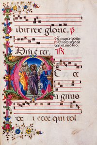 Piccolomini Könyvtár: kóruskönyv, cod. 2.B, ff. 105r „Keresztelő Szent János prédikációjával”, Pellegrino di Mariano.