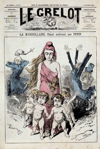 A „La Marseillaise”” nemzeti himnusz allegóriáját jelképező „” A harang” egyike halad előre, miközben a nemesek menekülés közben bedugják a fülüket. Illusztráció: Pepin. 1878.10.02. Magángyűjtemény