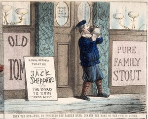 "A fiú - aki a családi sör elhozásával megtanulja az utat a Népházhoz, 1872-es pub.c. (kézzel színezett metszet)
