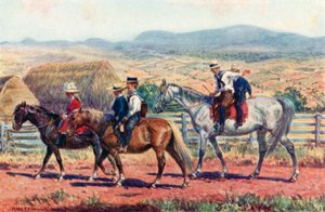 Ausztrál gyerekek lovagolnak az iskolába (színes litho)