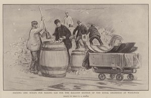 Cinkhulladék csomagolása gáz előállításához a woolwichi királyi mérnökök ballon részlege számára alkotó: Percy F.S. Spence