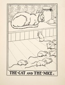 A macska és az egerek, A Hundred Fables of Aesopus, pub.1903 (metszet) alkotó: Percy J. Billingshurst