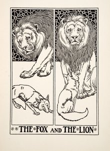 A róka és az oroszlán, A Hundred Fables of Aesopus, pub.1903 (metszet) alkotó: Percy J. Billingshurst