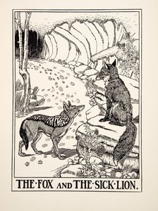 A róka és a beteg oroszlán, A Hundred Fables of Aesopus, Pub.1903 (metszet) alkotó: Percy J. Billingshurst