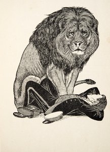 Az oroszlán és őrzője, az Állatok száz anekdotájából, pub. 1924 alkotó: Percy J. Billingshurst
