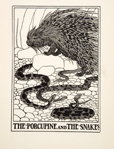 A Porcupine és a kígyók, A Hundred Fables of Aesopus, pub.1903 (metszet) alkotó: Percy J. Billingshurst