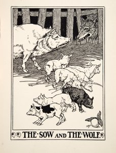 A koca és a farkas, Aiszópus száz meséjéből, pub.1903 (metszet) alkotó: Percy J. Billingshurst