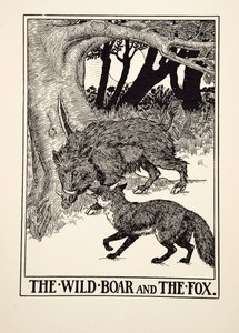 A vaddisznó és a róka, Aiszópus száz meséjéből, pub.1903 (metszet)