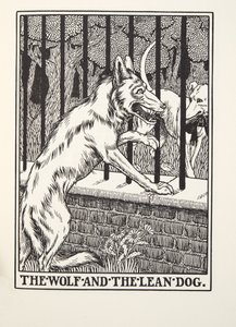 A farkas és a sovány kutya, a Fontaine Fables-ből, kocsma. 1905 (metszet) alkotó: Percy J. Billingshurst