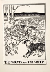 A farkasok és a birkák, Aiszópus száz meséjéből, 1903-as pub. (metszet)