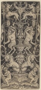 Dísztábla két meztelen gyerekkel szörnyeteg állatokon alkotó: Peregrino da Cesena