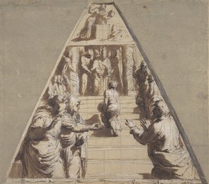 A Szűz bemutatása a lenti templomban, Ábrahám Izsák feláldozására készül, 1520. alkotó: Perino del Vaga