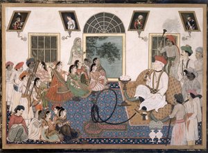 Egy európai, valószínűleg Sir David Ochterlony (1758-1825), indiai ruhában, vízipipát szívott, és nótát néz a házában Delhiben, 1820 körül (tinta és színes papíron) alkotó: Persian School