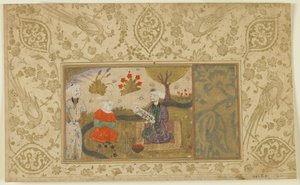 Pár beszélget egy patak mellett, 1500 körül (átlátszatlan akvarell, tus és arany papíron) alkotó: Persian School