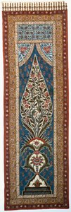 Papagájokkal és további madarakkal festett és nyomott pamutkalamkari virágzó, láng alakú fa ágaiban. alkotó: Persian School