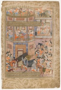 Ali felemeli Qamus kapuját egy Rawzat al-safáról, 1571-72 alkotó: Persian School
