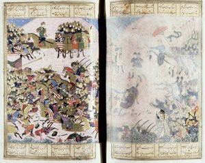 Harc Isfandiyar és Arjasp között, illusztráció a Shahnama-ból (Királyok könyvéből), Abul-Qasim Manur Firdawsi (kb. 934-kb. 1020) kb. 1440-45 (toll, tinta és wc pergamen) alkotó: Persian School