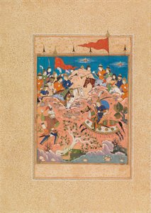 Battle Scene (wc és gouache pergamen) alkotó: Persian School