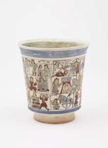 A „Shahnama”, Kashan, Irán, Saljuq-korszakot ábrázoló főzőpohár, 12. század vége (máz alá és máz fölé festett kőpaszta zománccal) alkotó: Persian School