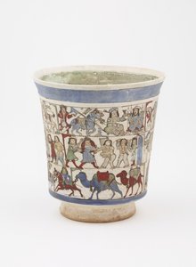 A „Shahnama”, Kashan, Irán, Saljuq-korszakot ábrázoló főzőpohár, 12. század vége (máz alá és máz fölé festett kőpaszta zománccal) alkotó: Persian School