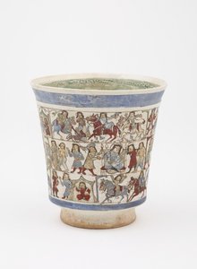 A „Shahnama”, Kashan, Irán, Saljuq-korszakot ábrázoló főzőpohár, 12. század vége (máz alá és máz fölé festett kőpaszta zománccal) alkotó: Persian School