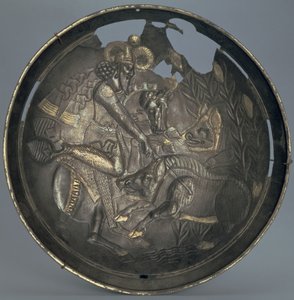 Varahran herceg vadászatának jelenetével díszített edény, a Szászánida-dinasztia (226-651) (ezüst aranyozással)