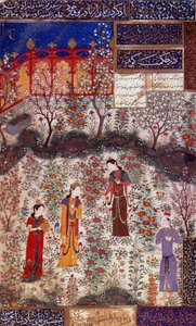 Első interjú Houmay herceggel és Houmayoun kínai hercegnővel. Miniatűr Kuradjou Kirmani verséből, amelyet a herati iskola valósított meg, 1430 körül. Irán. Dekoratív művészet, Párizs alkotó: Persian School