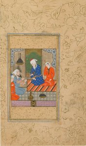 Folio egy Yusuf u Zulaykha-tól, Jamitól (megh. 1492); Zulaykha és egy idős férfi, hallgass meg egy beszélgetést, esetleg Mashhadban, Iránban, 1560-70 körül (átlátszatlan akvarell, tinta és arany a papíron) alkotó: Persian School