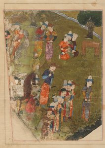 Folio egy Zafarnamából; recto: Timur meghallgatást ad balkhi trónra lépése alkalmából; verso: szöveg, Shiraz, Irán, Timurid korszak, 1436 (átlátszatlan akvarell, tus és arany a padon alkotó: Persian School