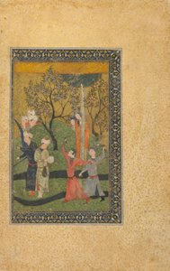 Fólió azonosítatlan szövegből; Herceg és hercegnő udvaroncokkal körülvéve egy kertben, Irán, turkomán korszak, 1480 körül (átlátszatlan akvarell, tus és arany papíron) alkotó: Persian School